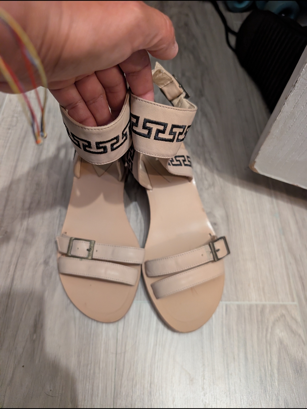 Women's Beige Ankle-Strap Sandals with Geometric Trim